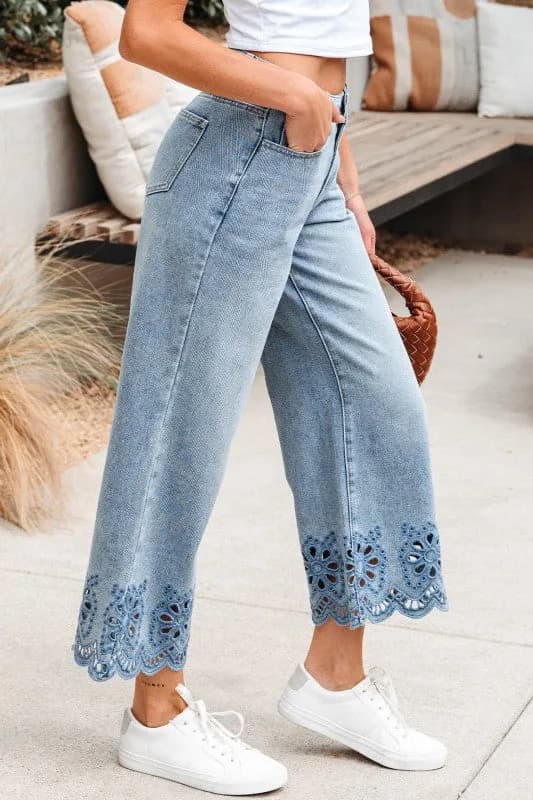 Solid Denim Embroidered Wide Leg Jeans