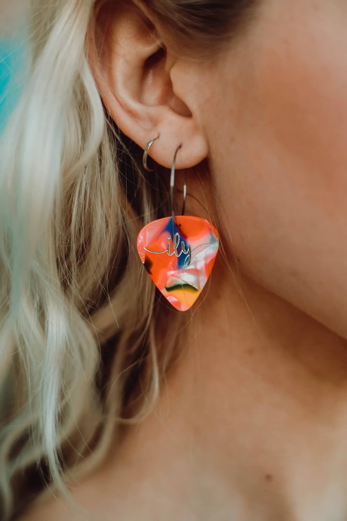 Guitar Pick Groupie Love ILY Cosmic Pearl Hoop Earrings