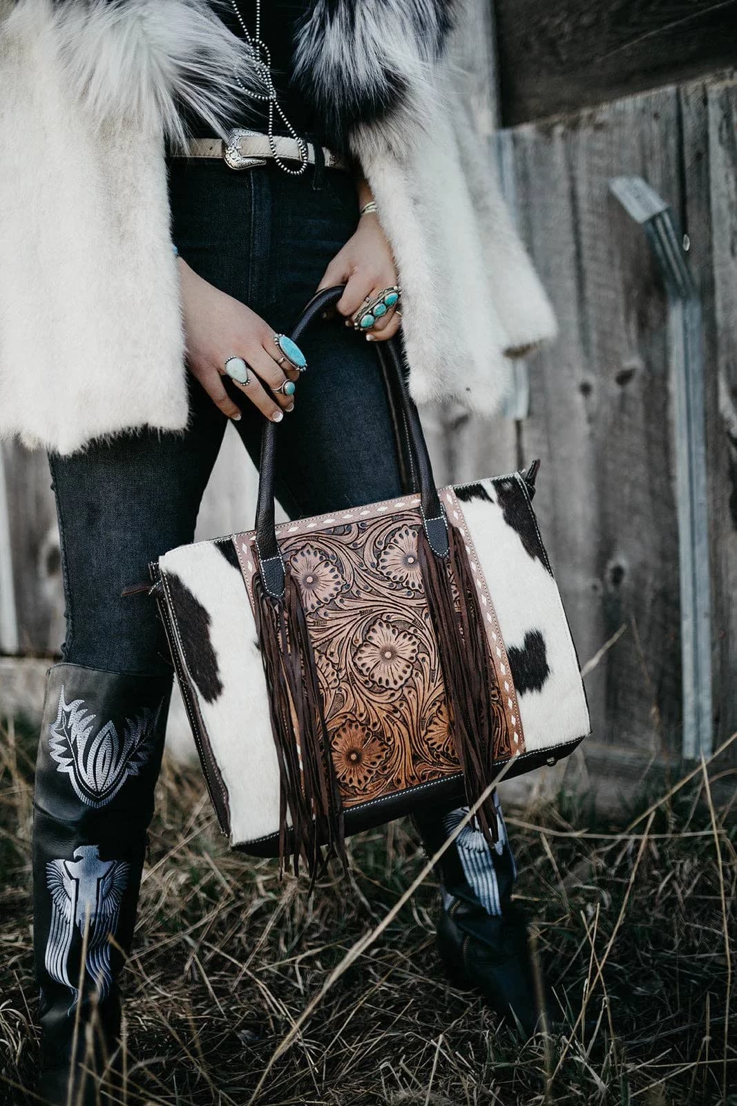 The Clementine Tooled Cowhide Leather Tote Purse Fringe Bag Exclusive design by Beth Marie