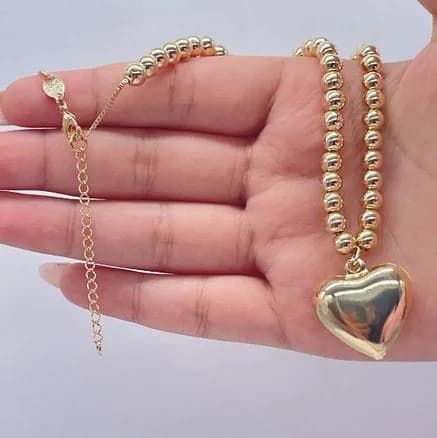 18k Gold Filled 6mm Bead Necklace with A Puffy Heart Charm Milie Jewels