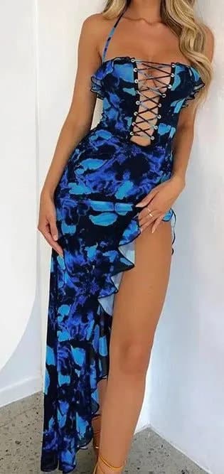Hollowed Out Backless Lace Up Split Print Dress Umorger