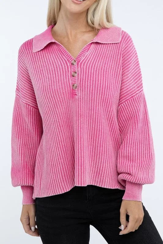 Washed Collared Henley Sweater Multiple Colors