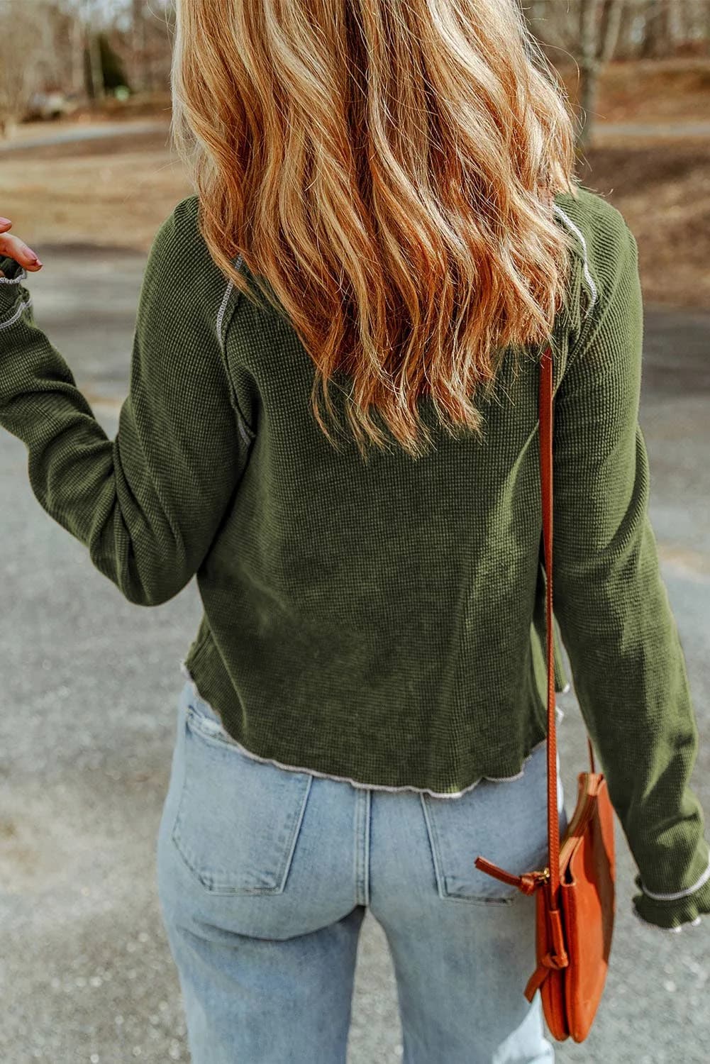 Textured Round Neck Long Sleeve Top (Green)