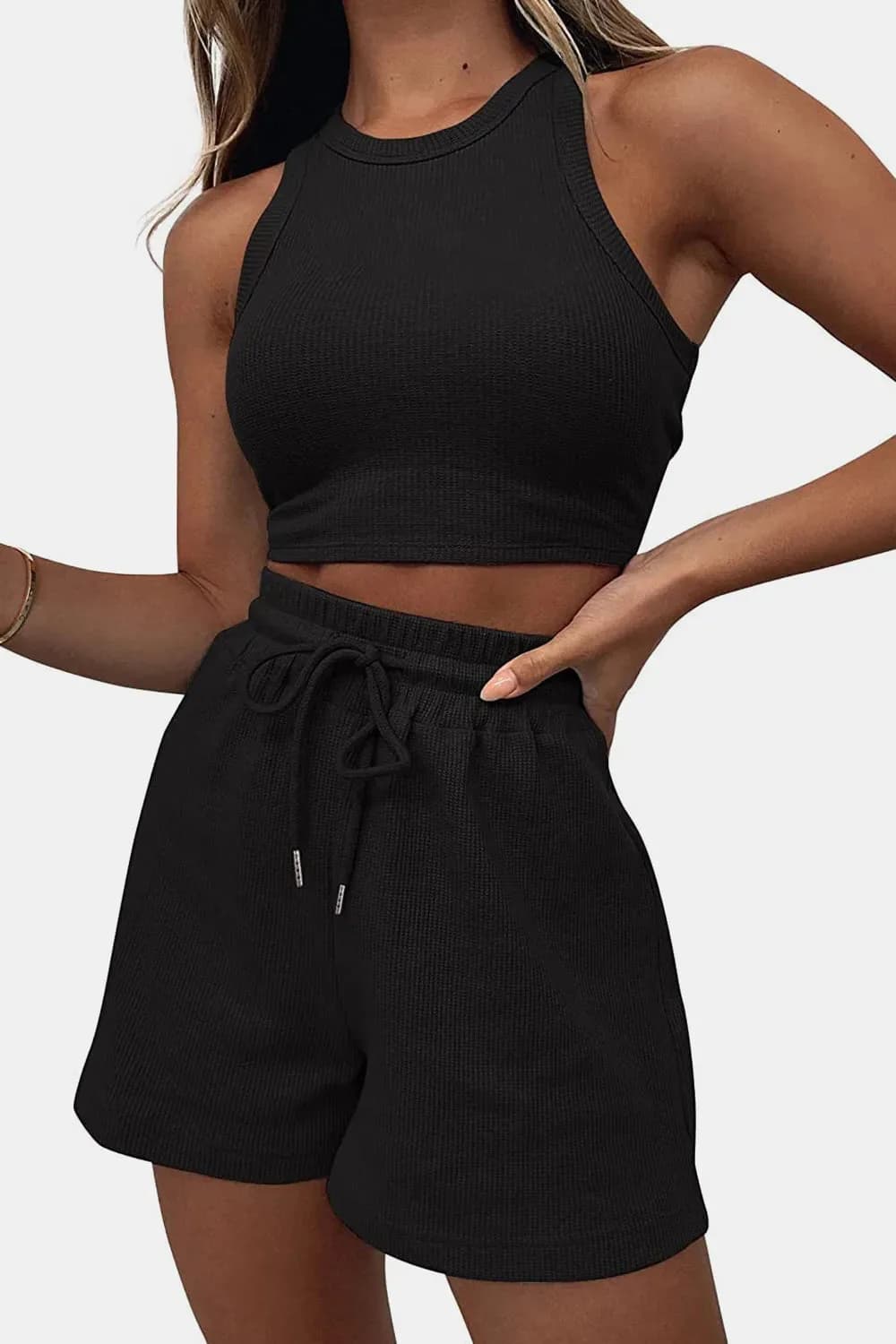 Round Neck Top and Drawstring Shorts Set in Multiple Colors