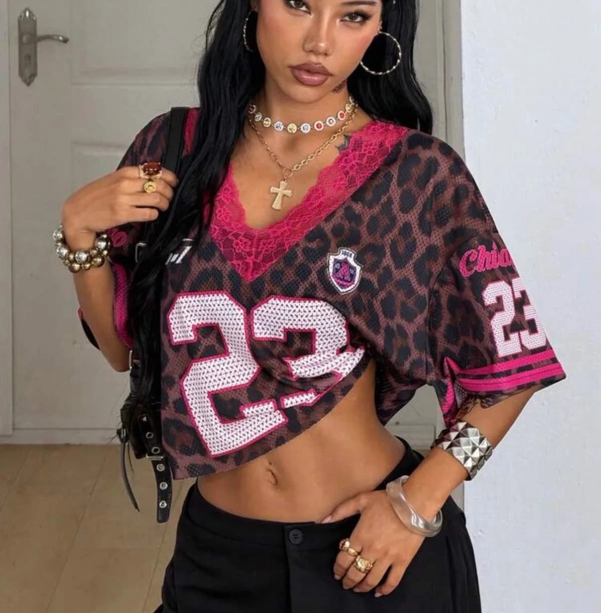 Leopard and Hot Pink Lace Jersey 23 Crop Top