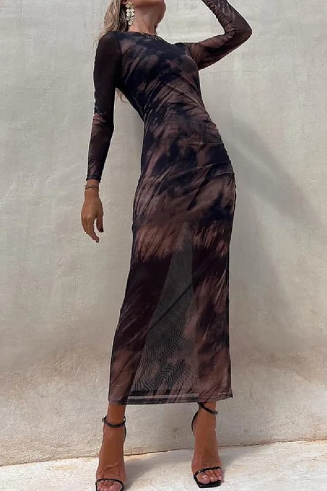 Tie Dye Black Mesh Ruched Split Maxi Dress