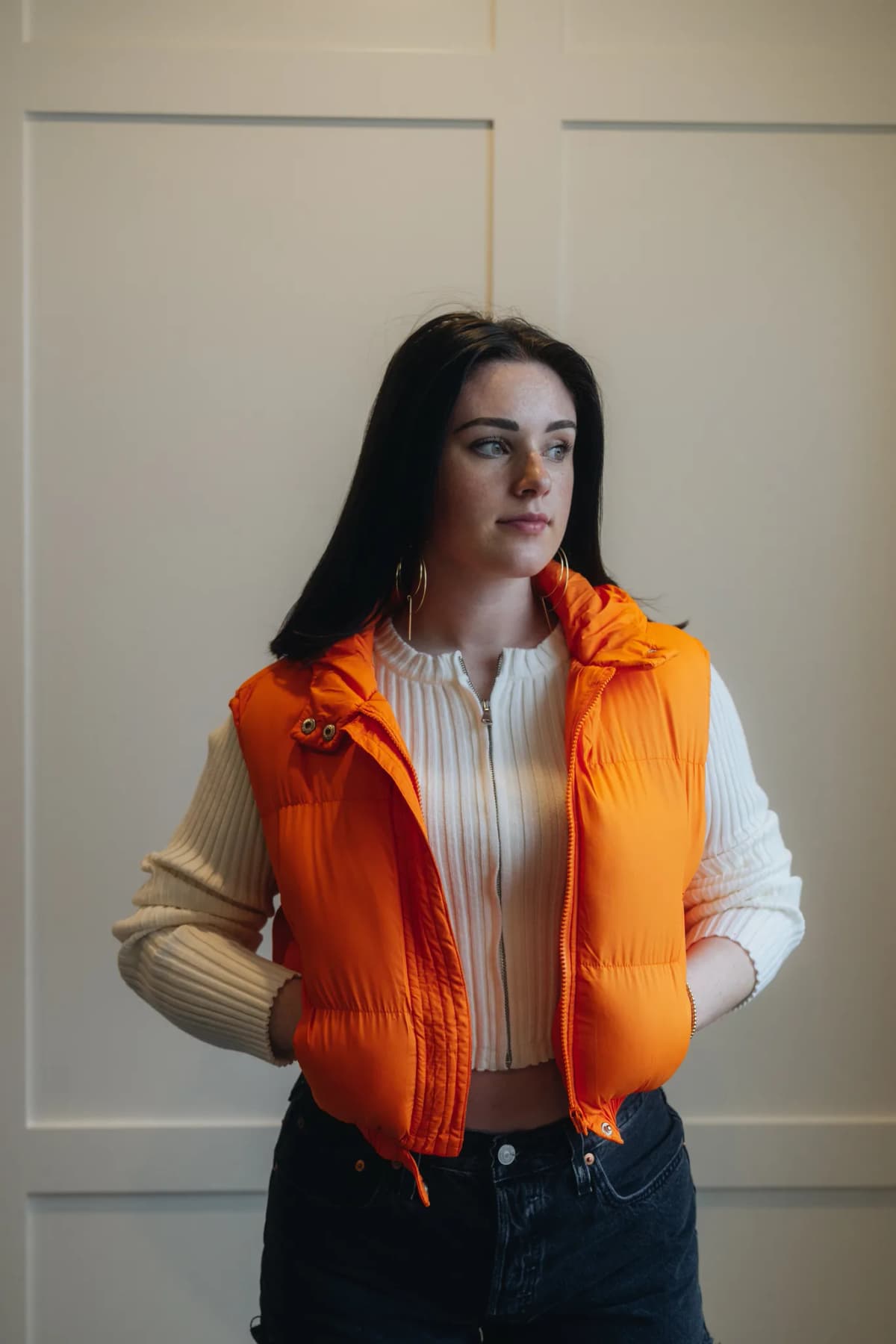 Puffer Hoodie Black Vest (Orange)