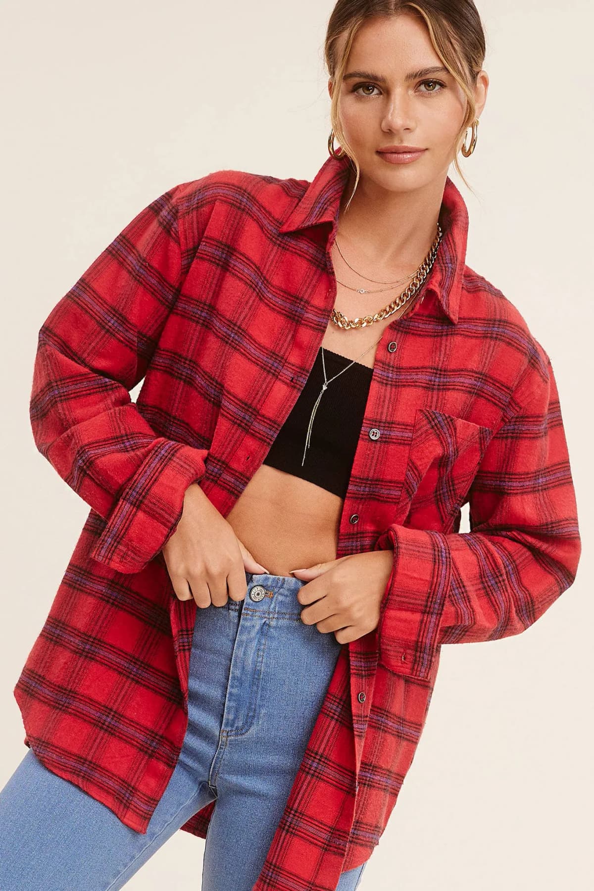 Loose Fit Button Down Soft Fabric Plaid Shirts