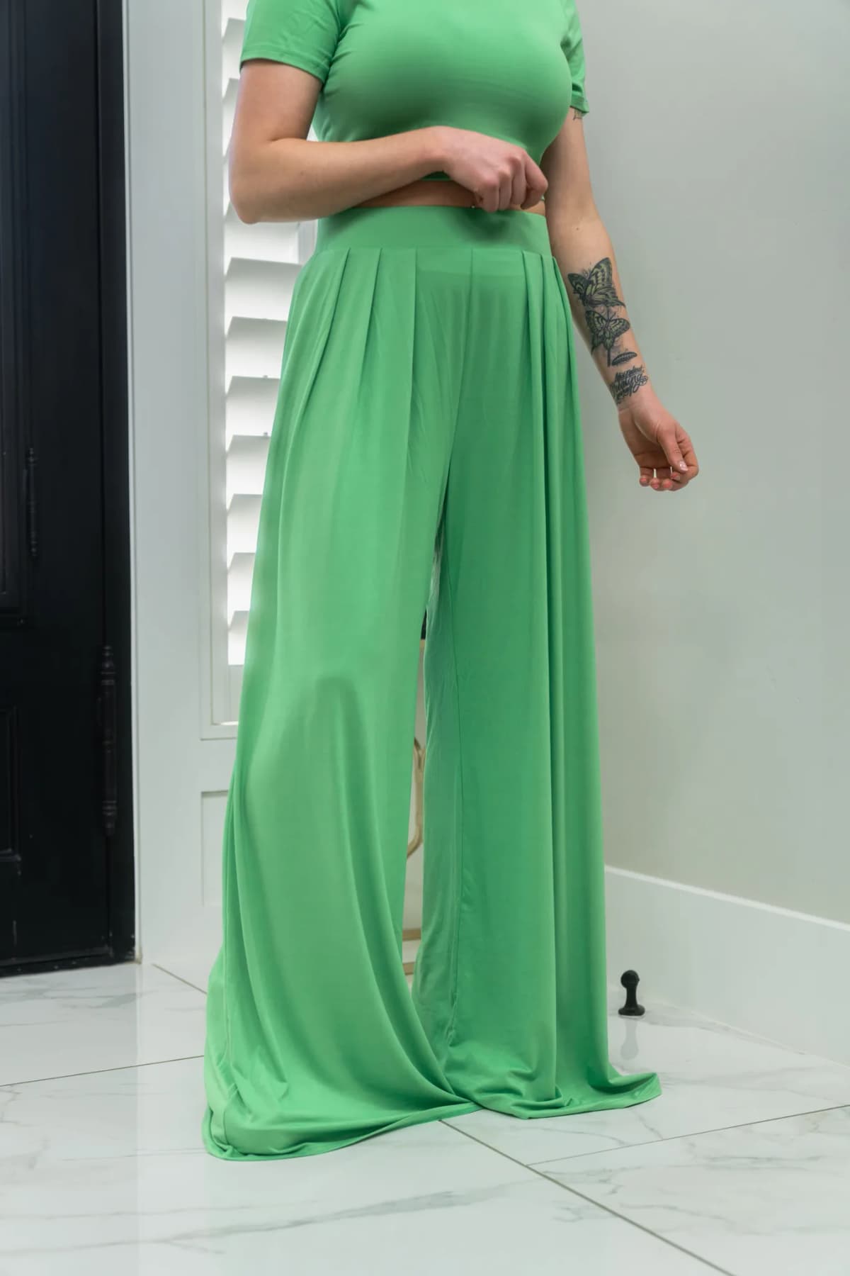 Crop Top and Wide Leg Palazzo Pants Set Faith Apparel (Green)
