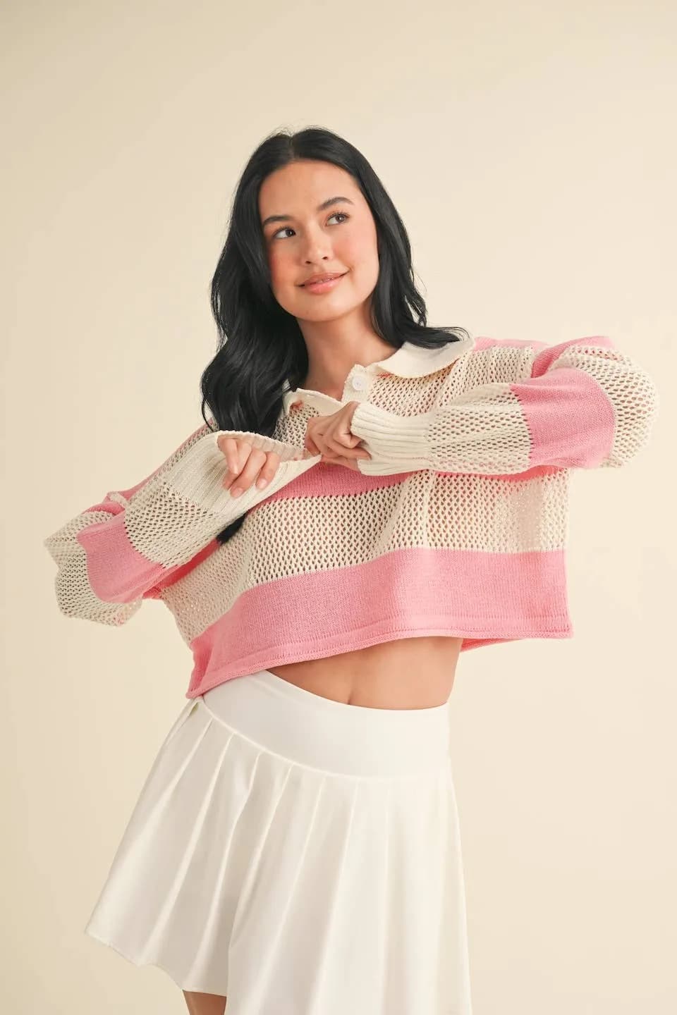 Striped Knit Rugby Cropped Sweater by Kimberly C Multiple Colors