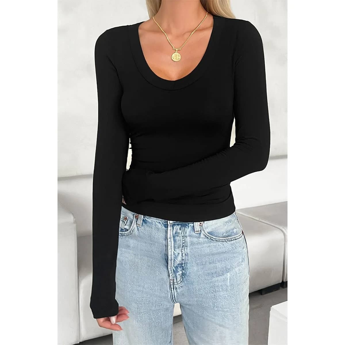 Y2K Crew Neck Solid Long Sleeves Elastic Fit Top