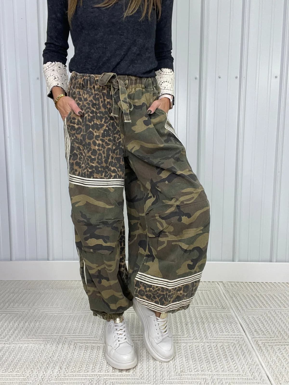 Printed Woven Contrast Band Trim Jogger Pants by POL