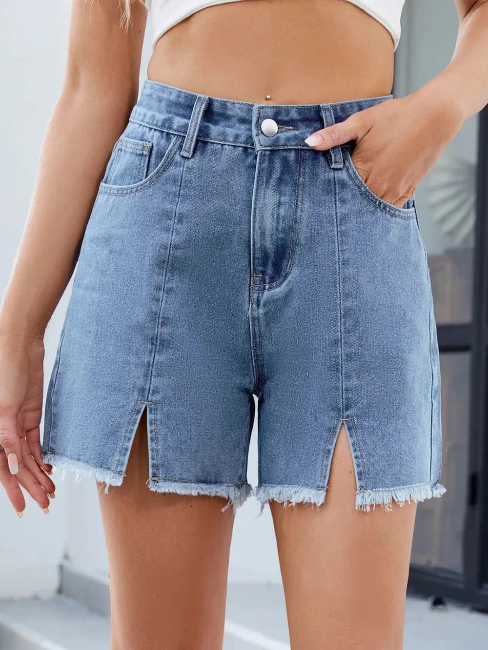 Raw Hem Slit Denim Shorts