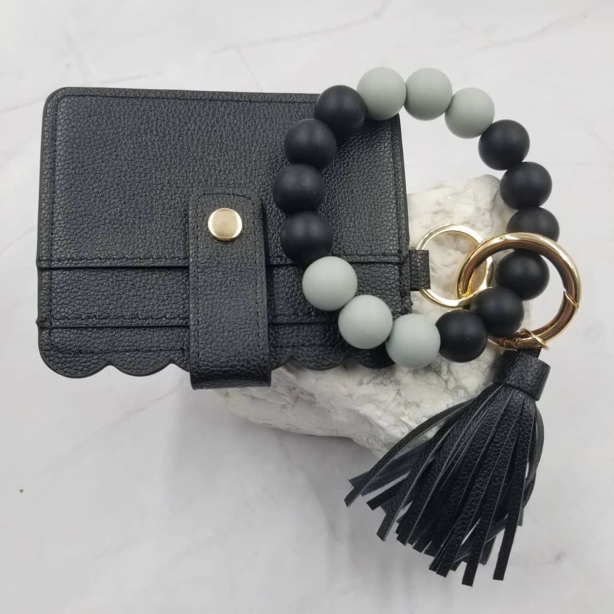 Silicone Bead Bangle Keychain Bracelet Card Holder (Black)