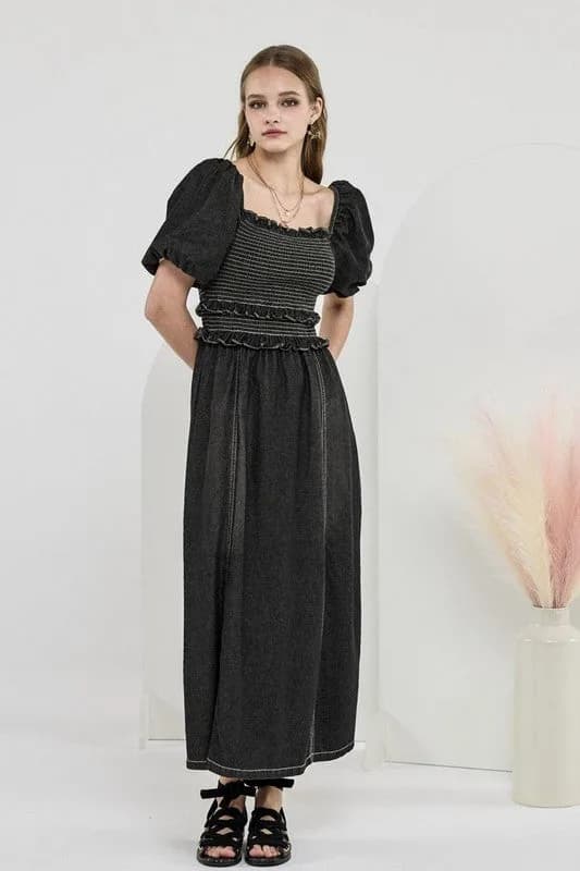 Denim Off Shoulder Puff Sleeves Smocked Dress