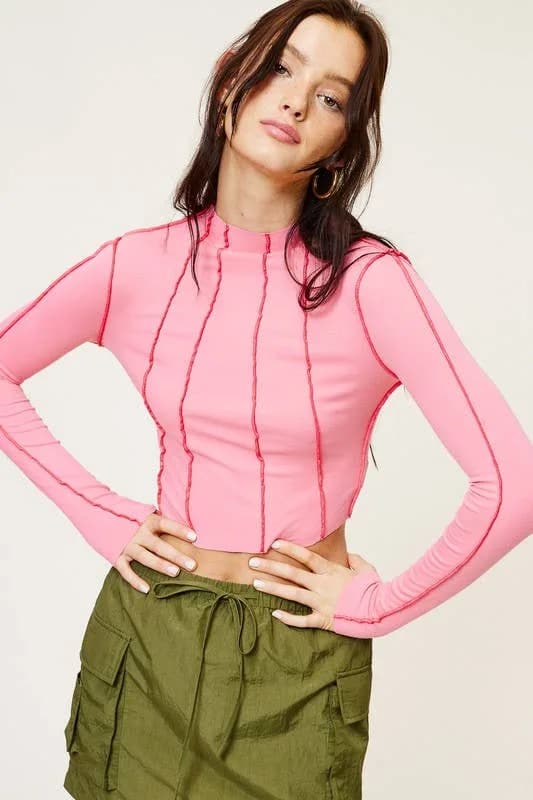 Hydrangea Fitted Mock Neck Knit Top With Linear Seam Detailing