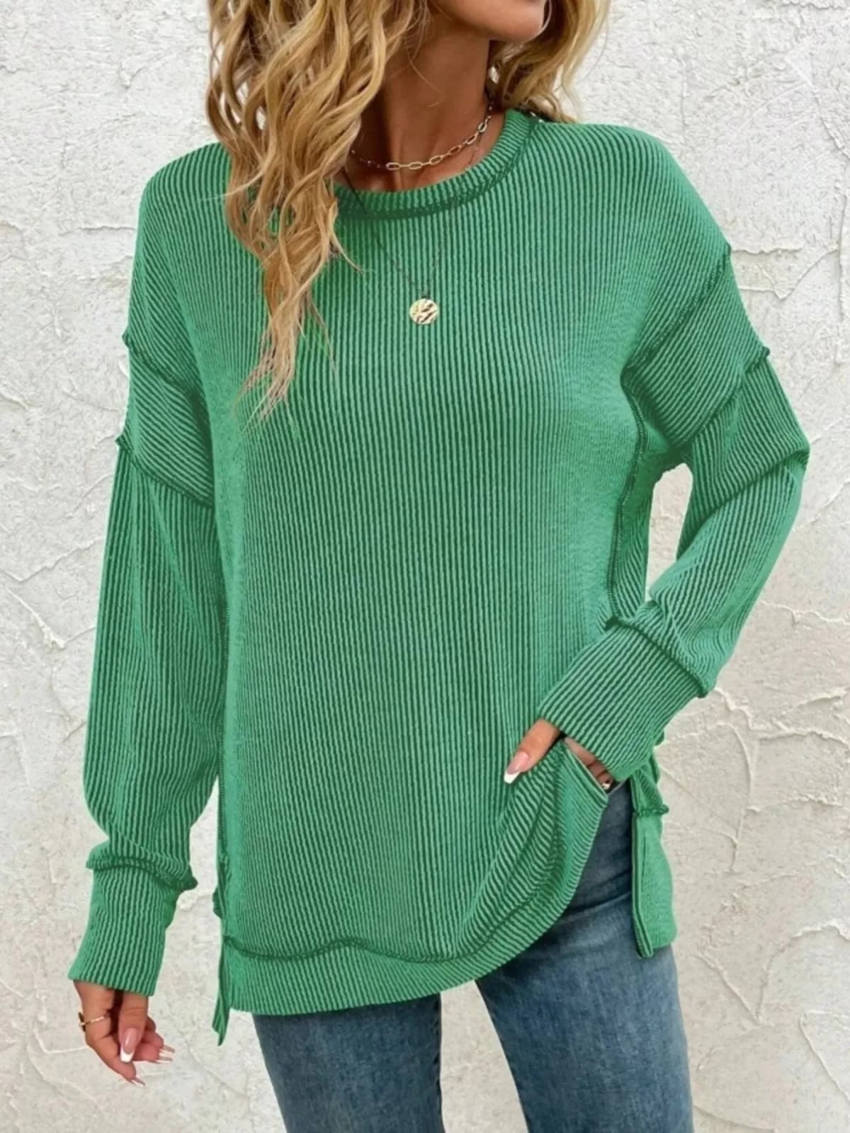 Side Slit Round Neck Dropped Shoulder Sweatshirt in Multiple Colors