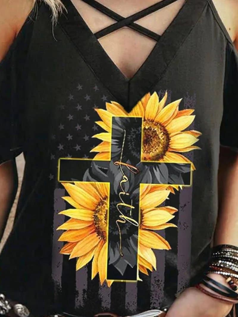 Cross Sunflower Printed Cold Shoulder T shirt