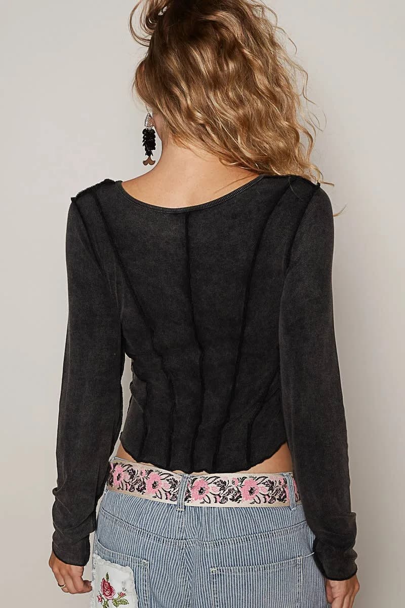 Notched Neck Detailed Long Sleeve Cropped Shirt (Watermelon Pink)