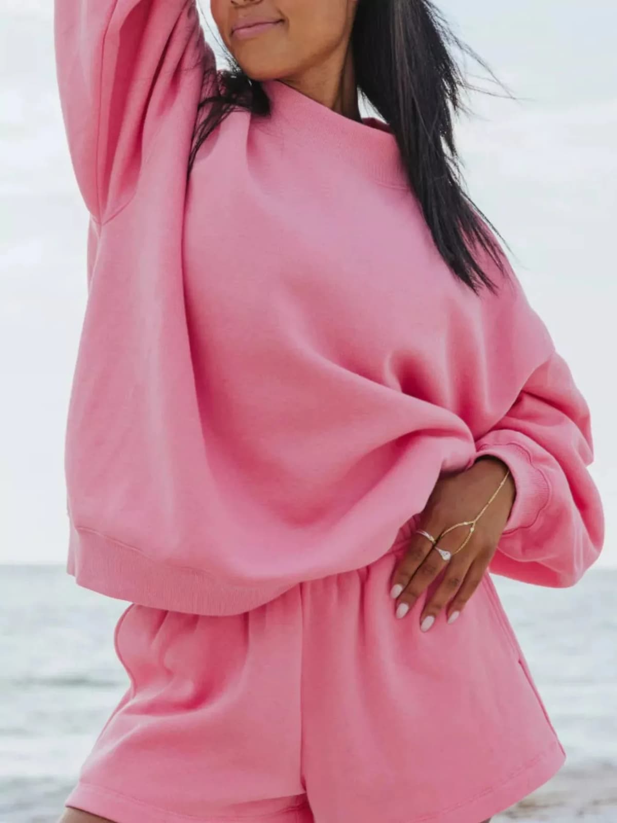 Relaxed Fit Round Neck Sweatshirt and Shorts Set Multiple Colors