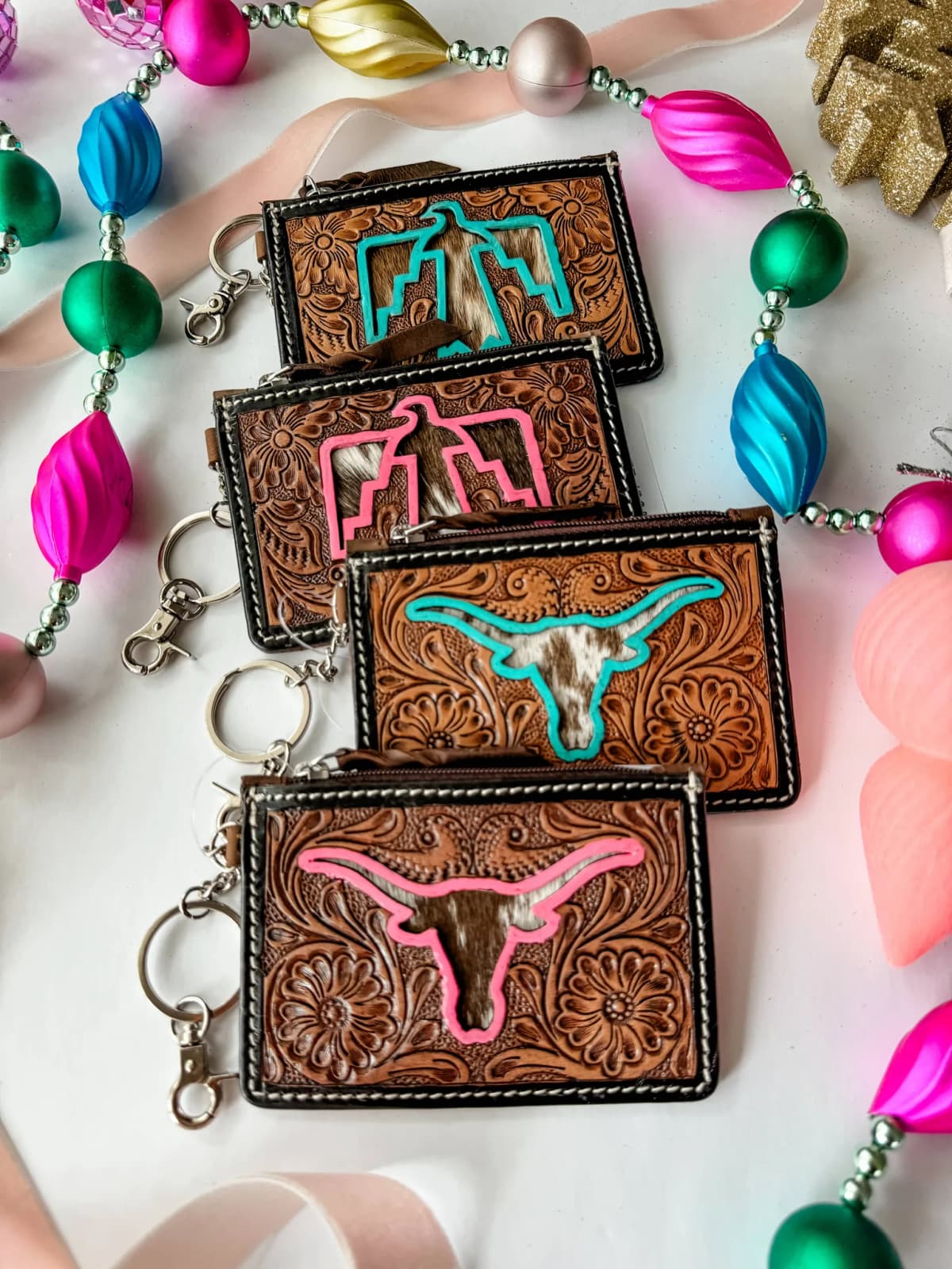 Bow Turquoise Tooled Leather Keychain Wallet