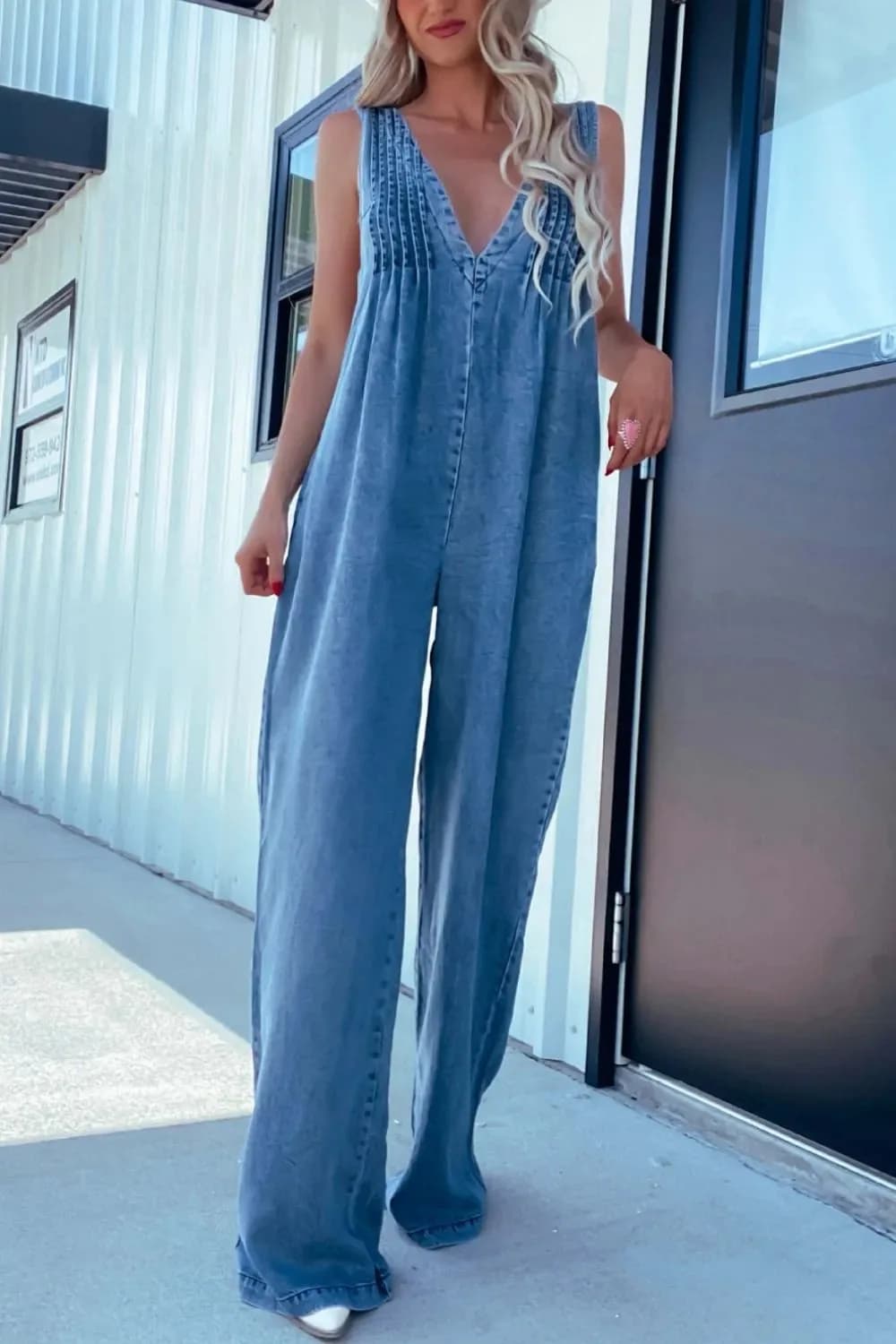 V-Neck Wide Leg Denim Jumpsuit in Khaki and Medium Wash