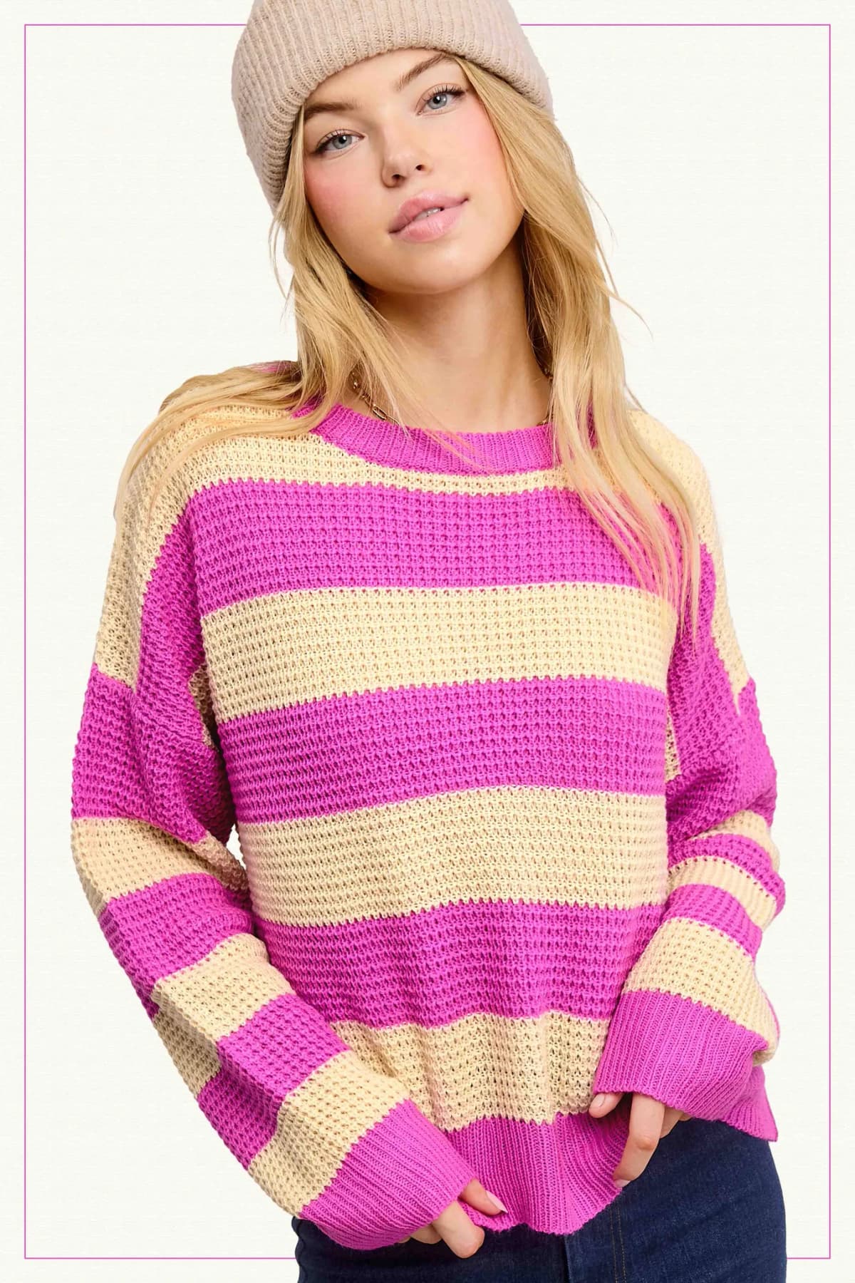 Loose Fit Striped Round Neck Long Sleeve Sweater (Fushia)
