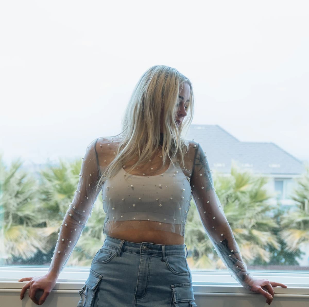 Pearl Trim Sheer Mesh Crop Top