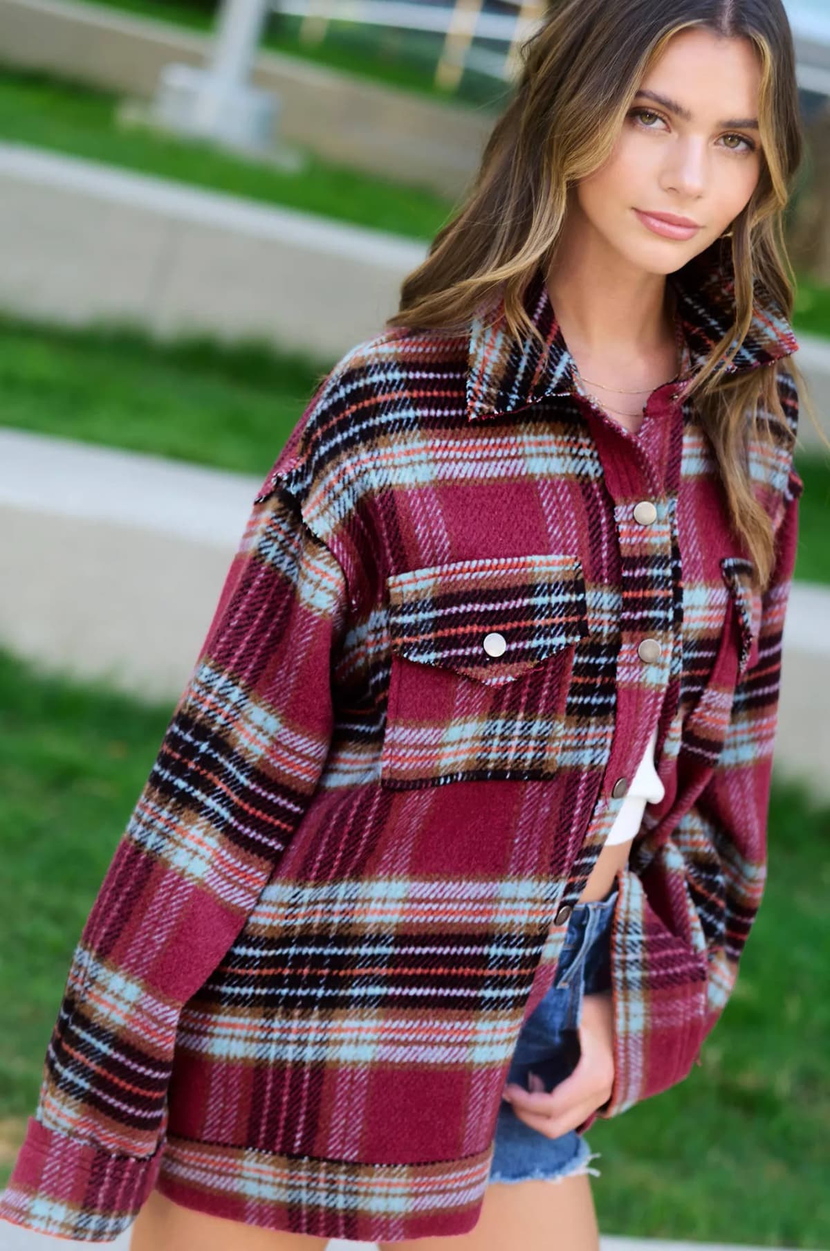 Loose Fit Plaid Button Down Shacket with Pockets