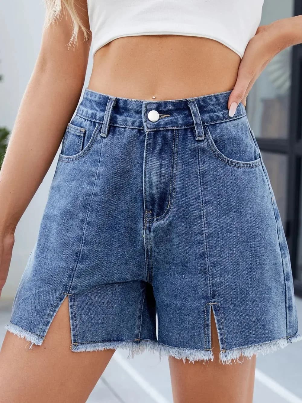 Raw Hem Slit Denim Shorts