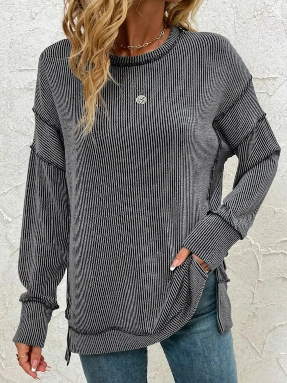 Side Slit Round Neck Dropped Shoulder Sweatshirt in Multiple Colors