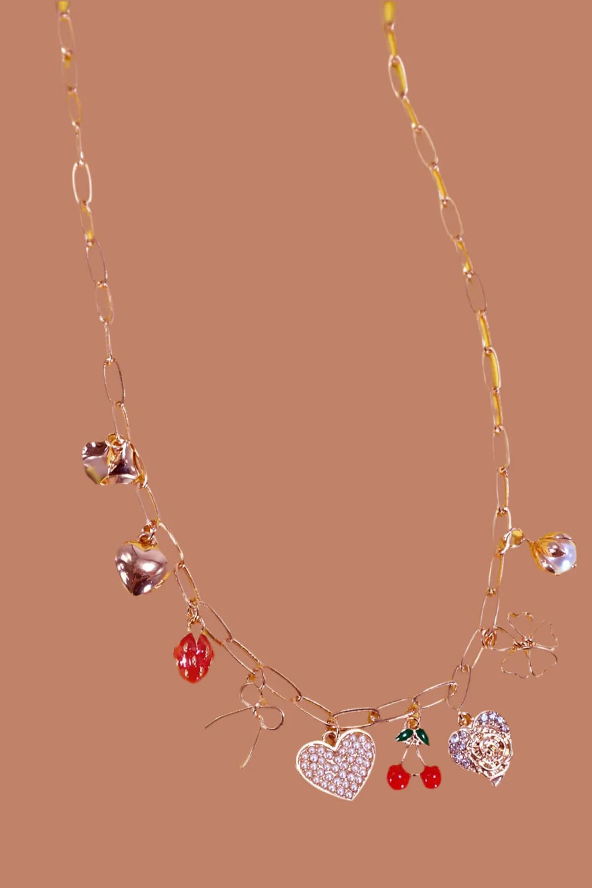 Multi Charm Bow Cherry Heart Necklace