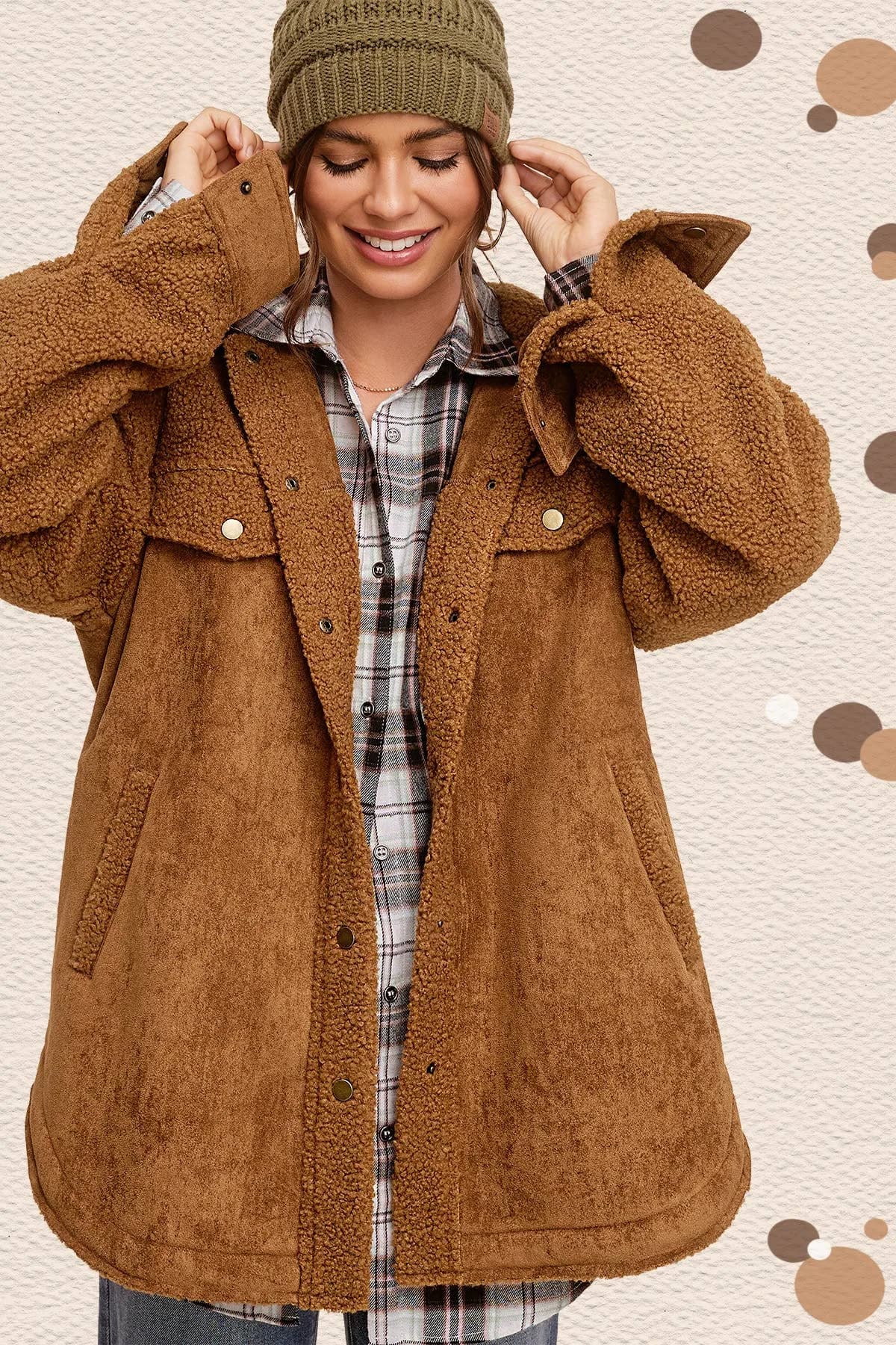 Faux Suede Oversized Button Down Jacket with Pockets