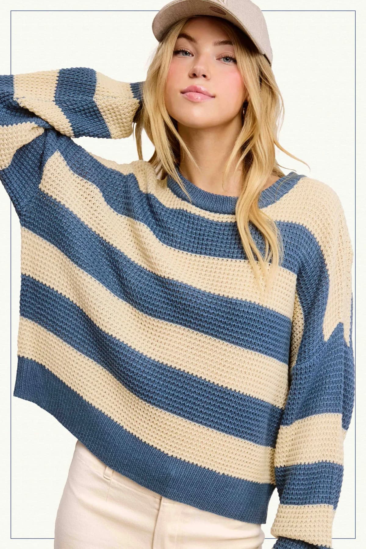 Loose Fit Striped Round Neck Long Sleeve Sweater (Fushia)