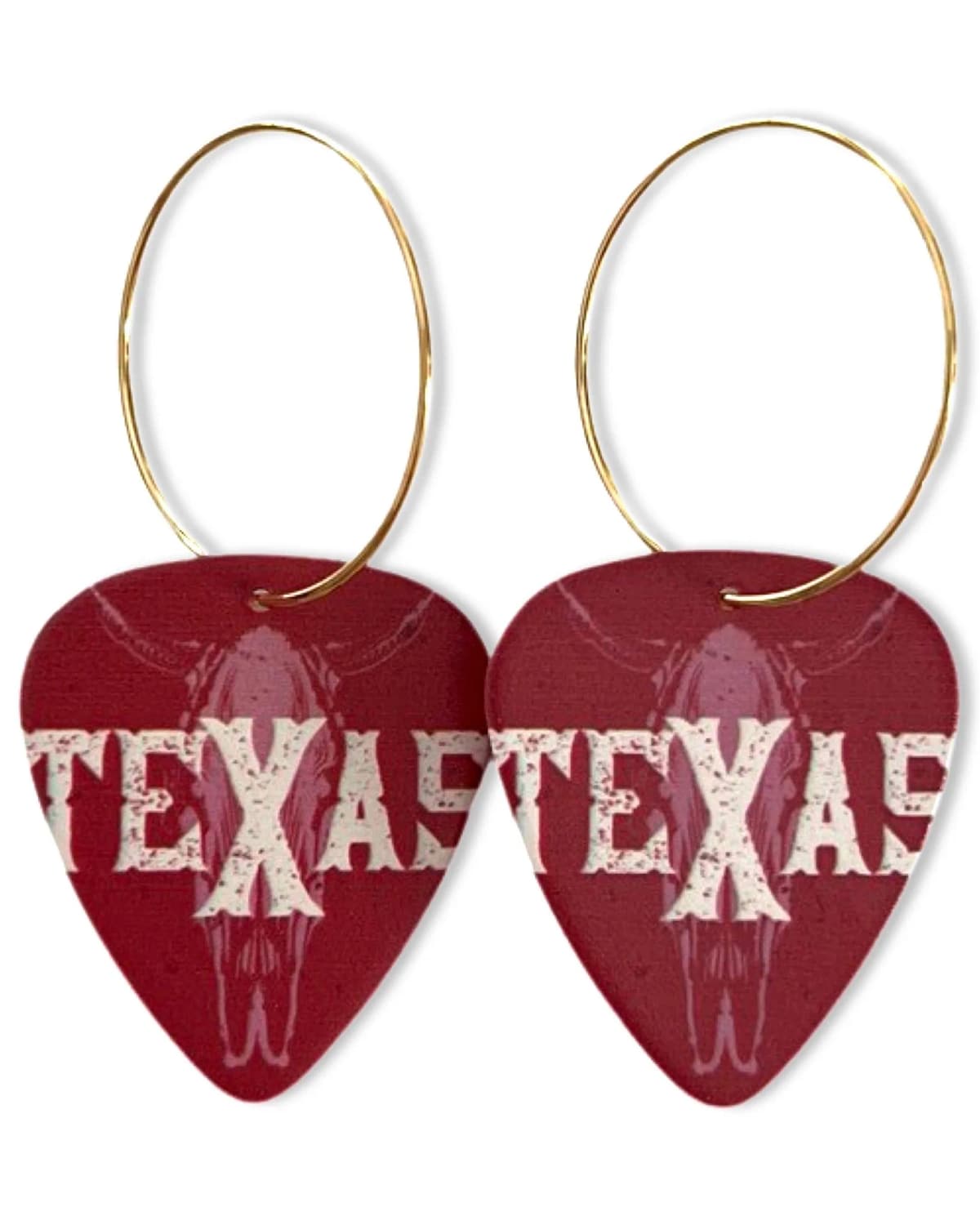 Texas Maroon Skull Reversible Single Guitar Pick Earrings 50mm Gold