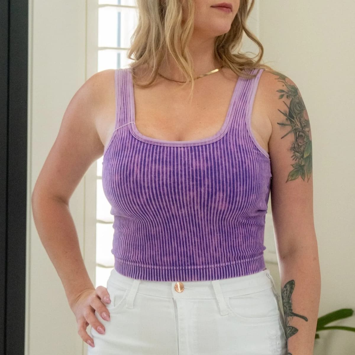 Stone Washed Ribbed Square Neck Tank Crop Top Zenana