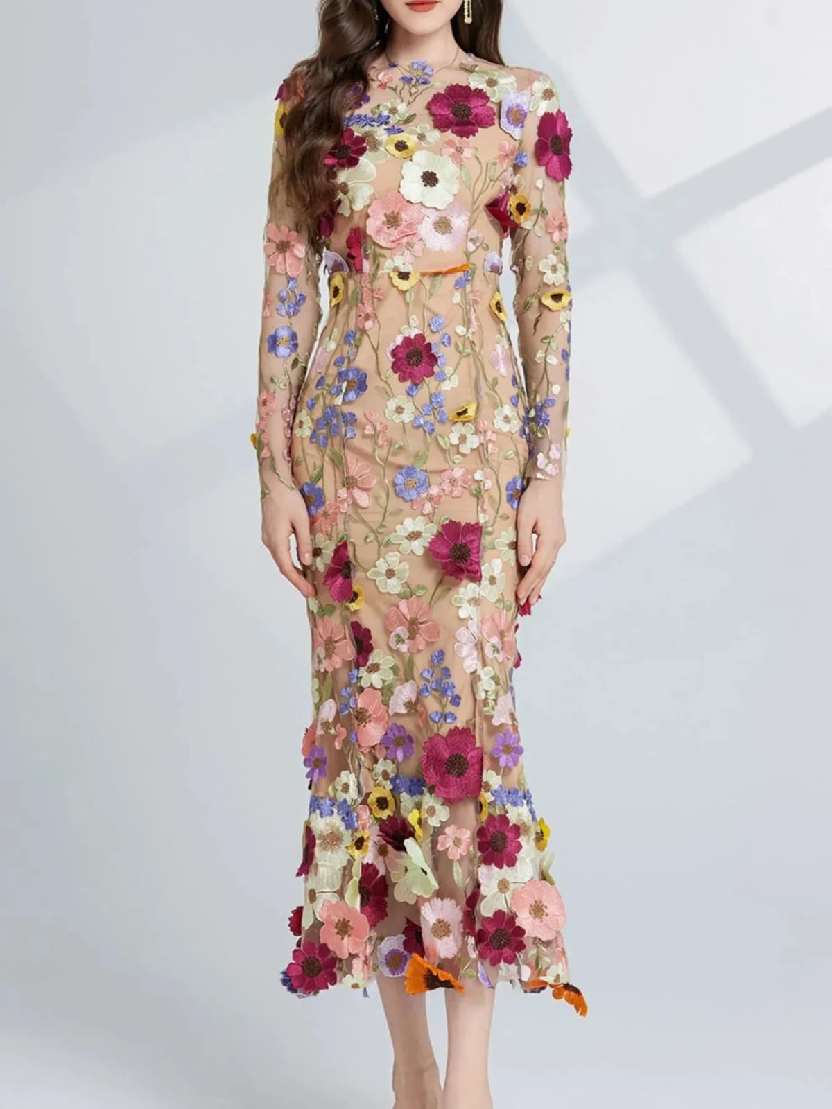 Floral Embroidered Mesh Long Sleeve Midi Dress