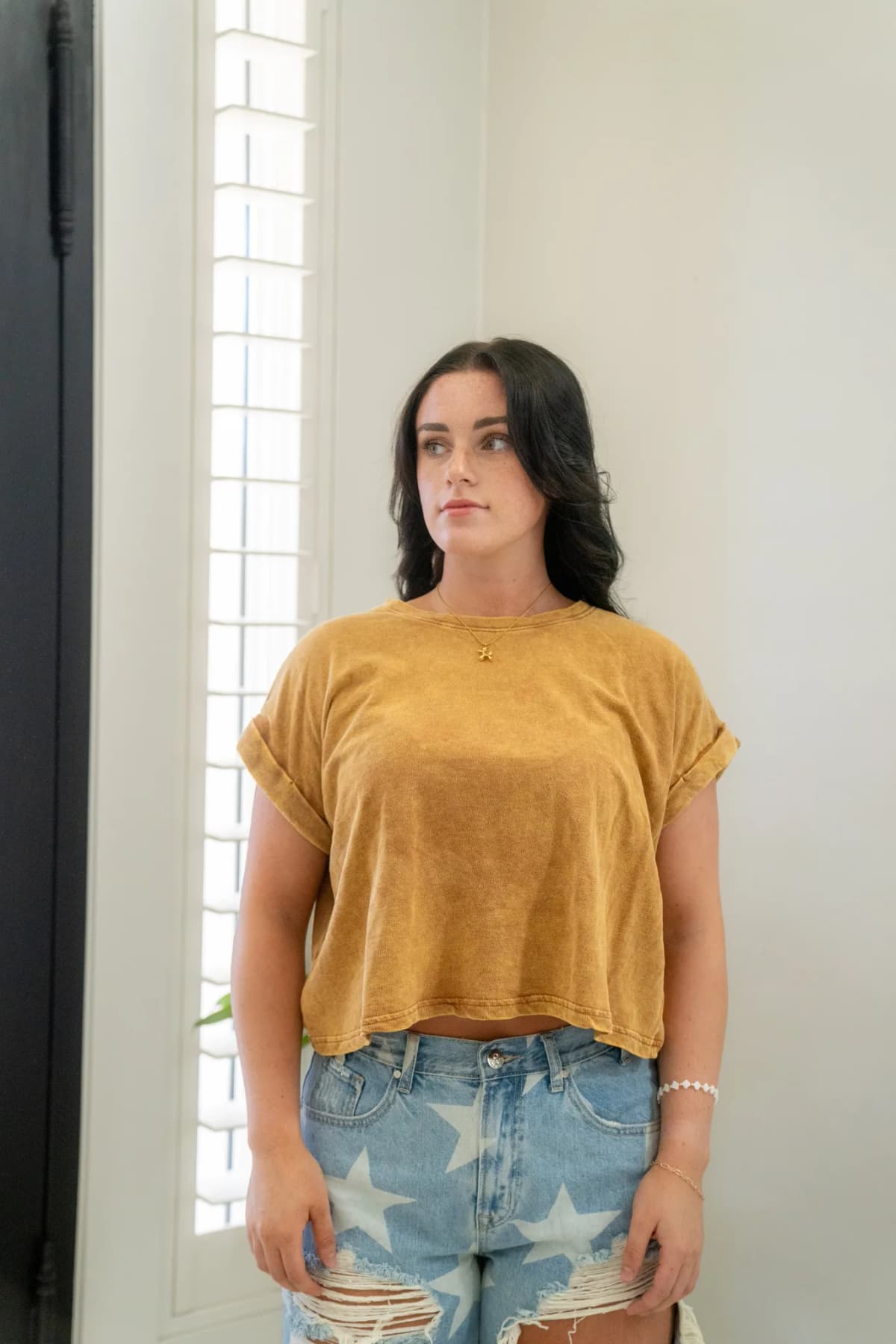 Acid Wash Cotton Folded Sleeve Top Zenana