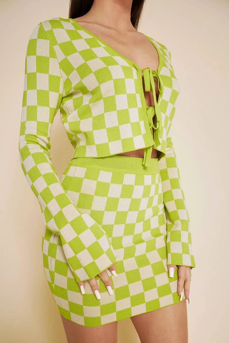 Lime Checker Board Tie Closure Crop Knit Cardigan Set