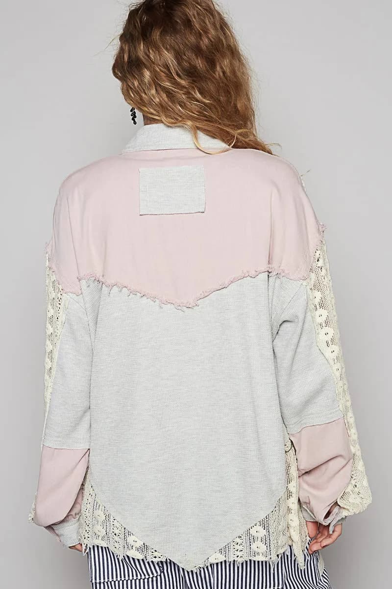 Oversized Contrast Lace Crocheted Button Down Shirt by POL