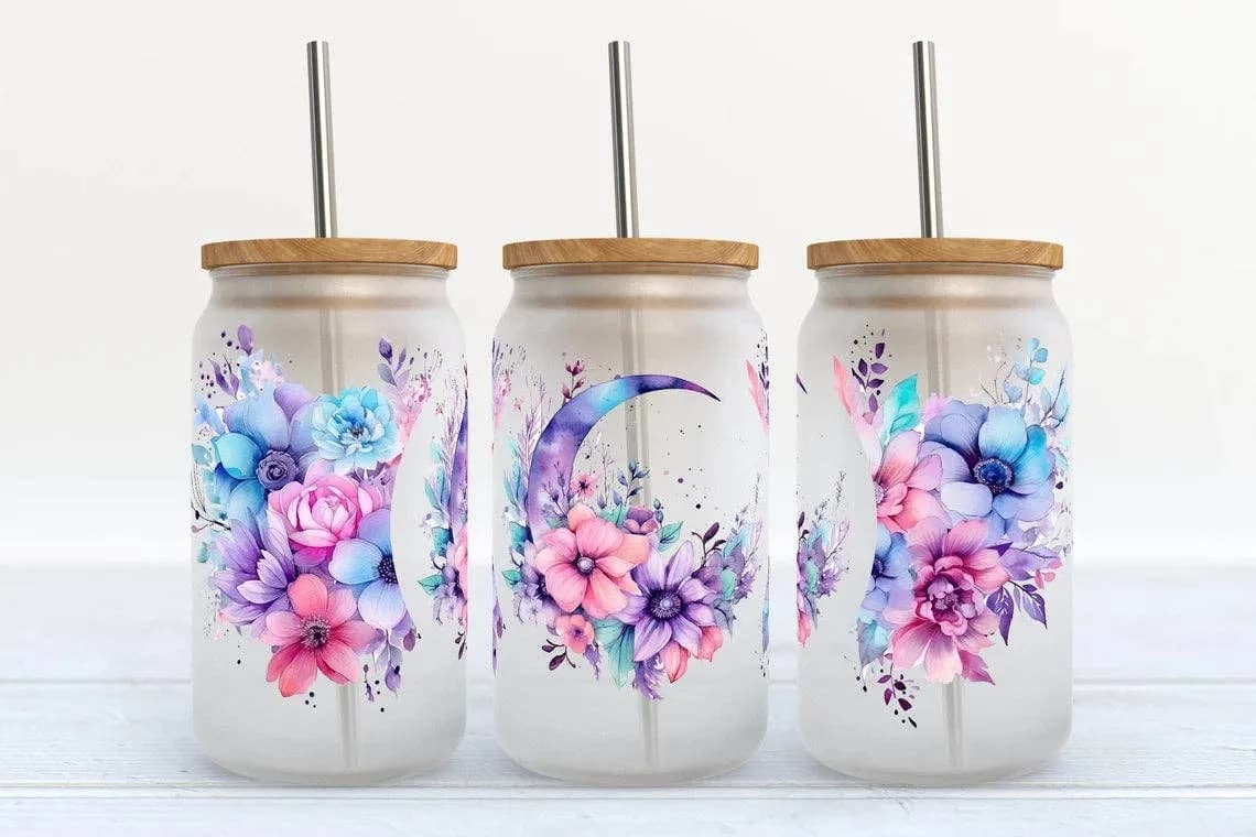 Purple Moon Florals 16oz Libbey Glass Frosted Tumbler