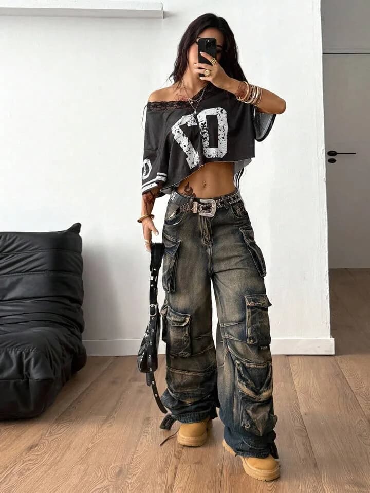 07 Black and White Lace Trim Mesh Crop Top Jersey