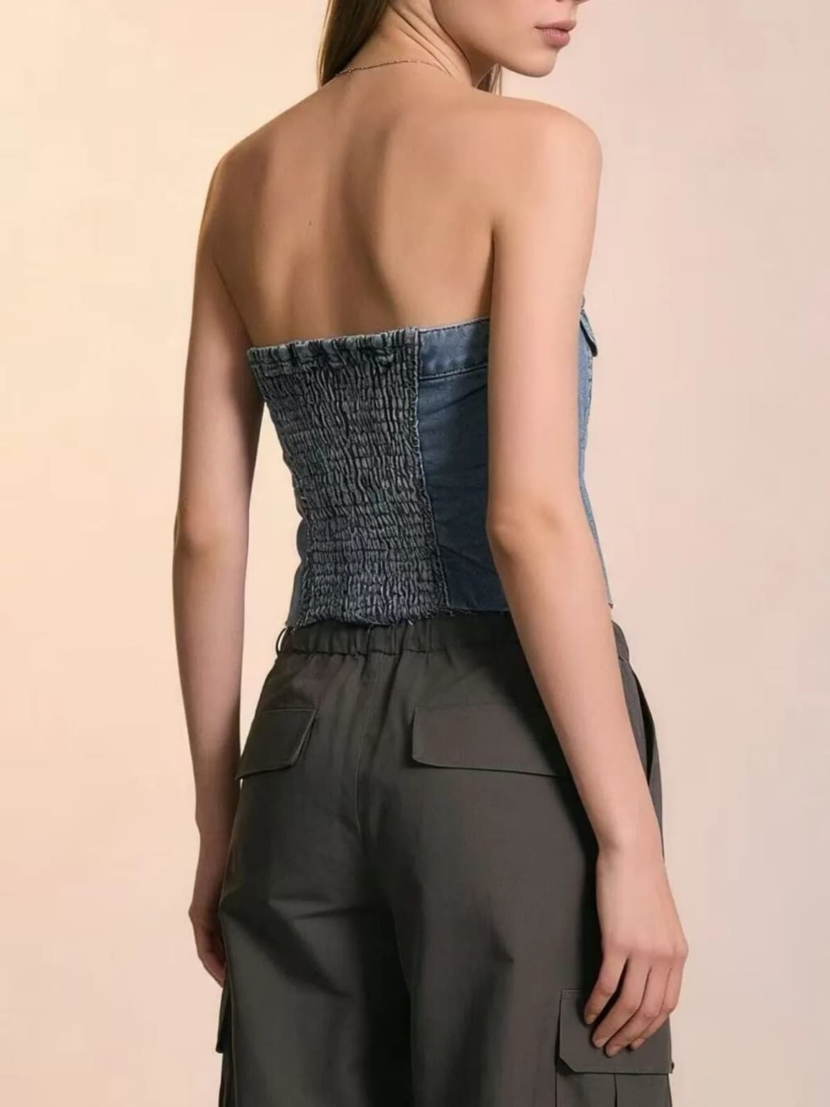 Button-Front Strapless Denim Top