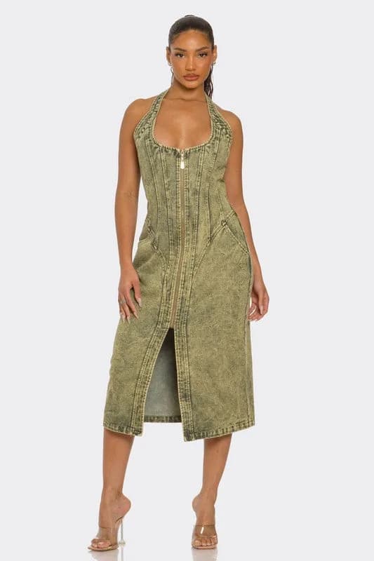 Contour Fit Zip-Front Denim Midi Dress