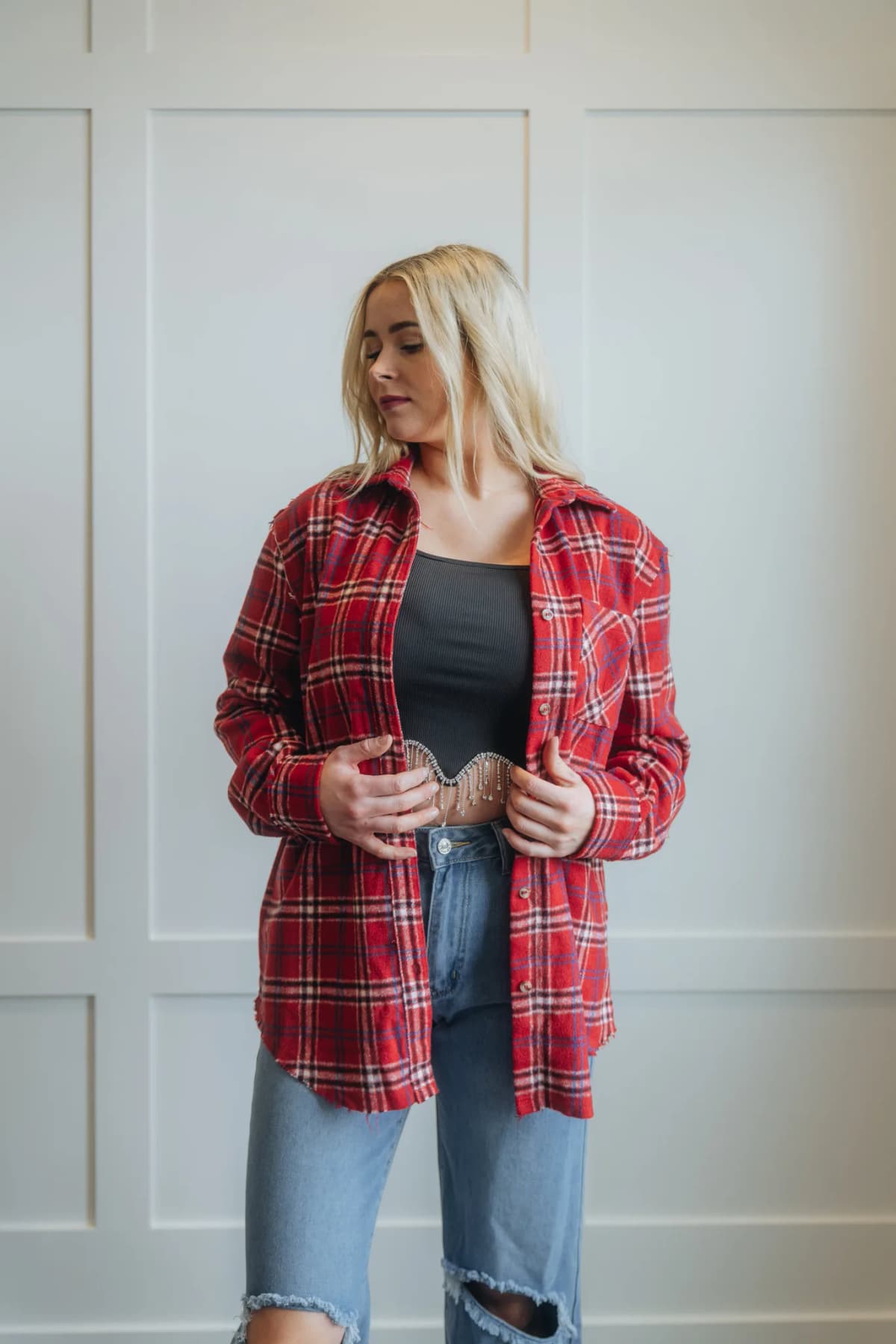 Button Down Fall Winter Plaid Shacket La Miel (Pink)