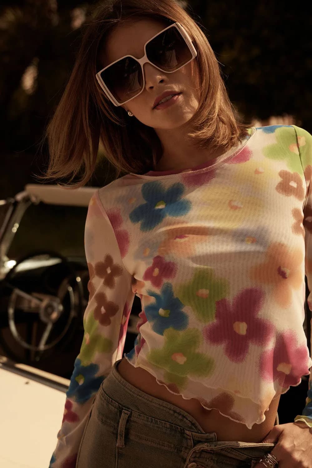 Floral Semi-Sheer Boat-Neck Bandana Hem Mesh Top by Promesa