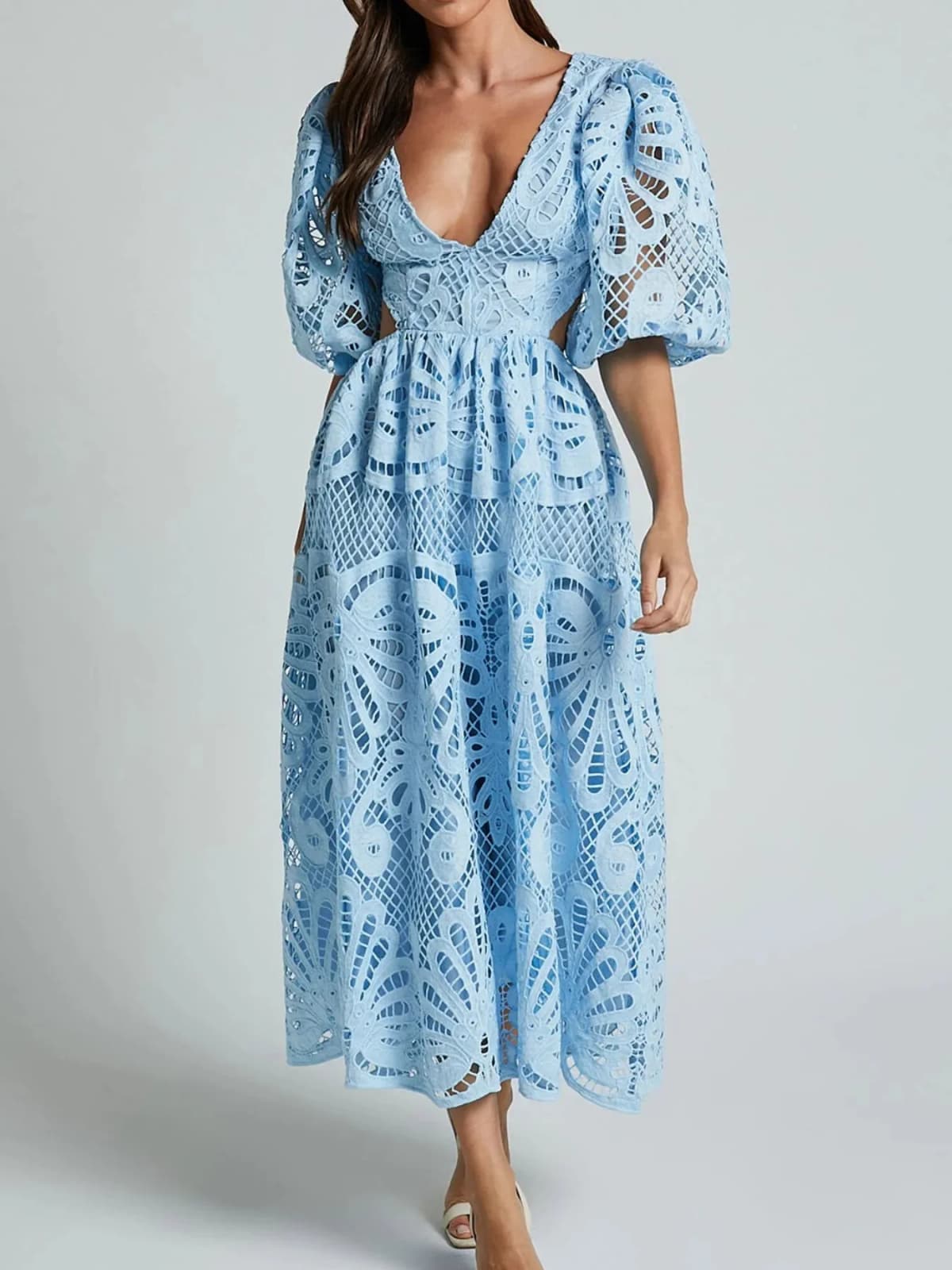 Cutout Back Lace Crochet V-Neck Dress Multiple Colors