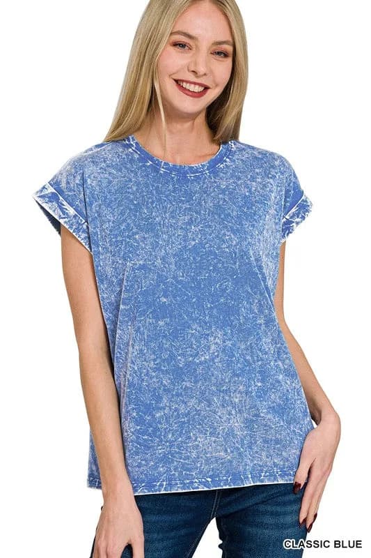 Crinkle Wash Cotton Folded Sleeve Top Relaxed Fit by Zenana