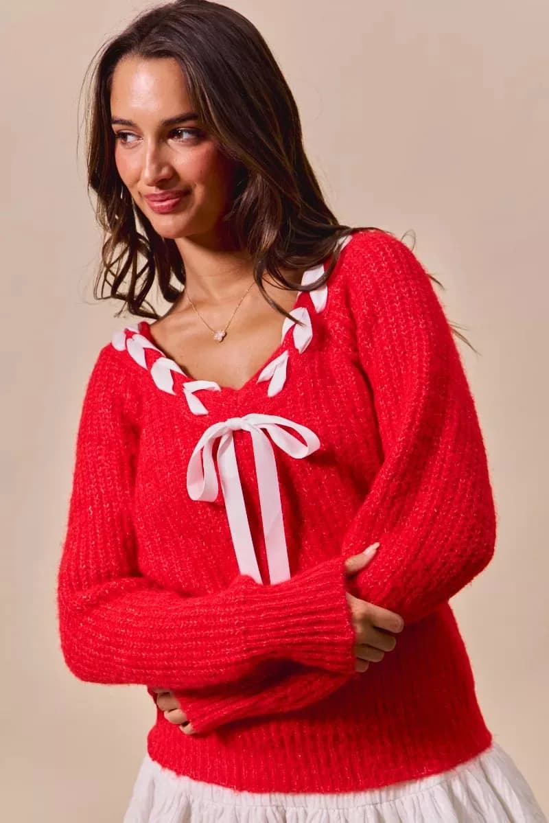 SO ME Satin Tape Braided Ribbon Tie V Neck Sweater