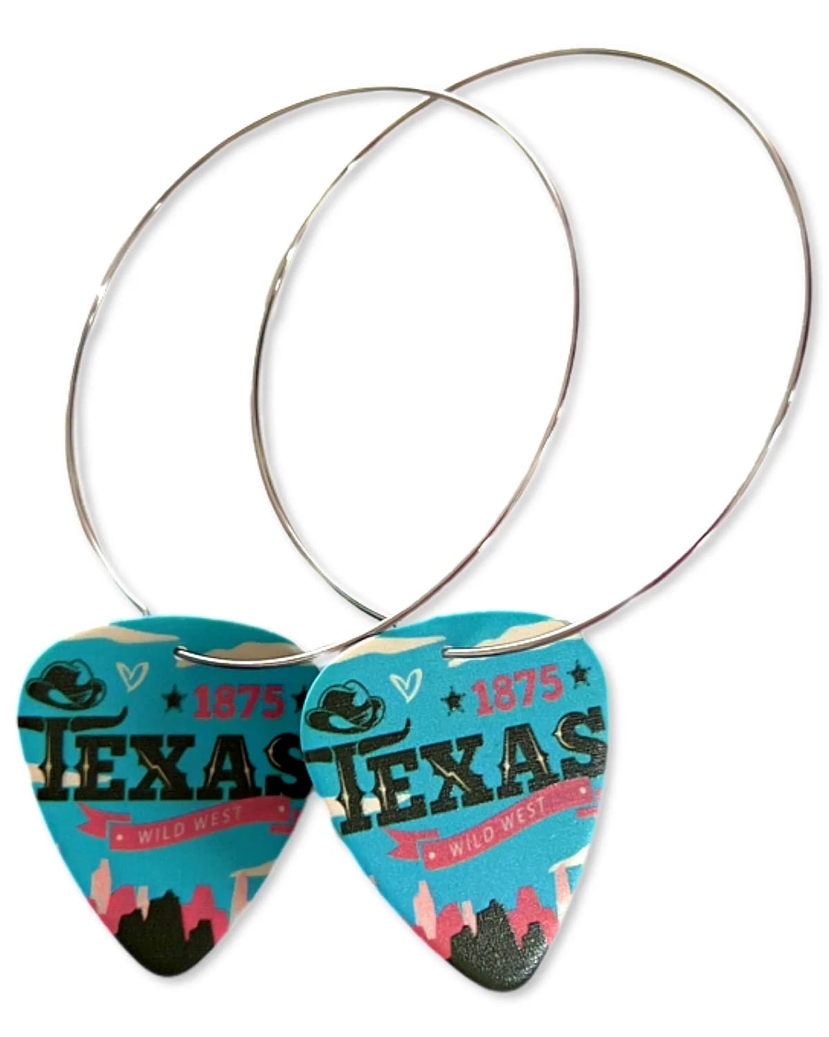 Stainless Steel Texas Wild West Blue Reversible Single Guitar Pick Earrings (25mm)